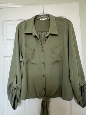 Notations Olive Tie-Front Button Down Shirt